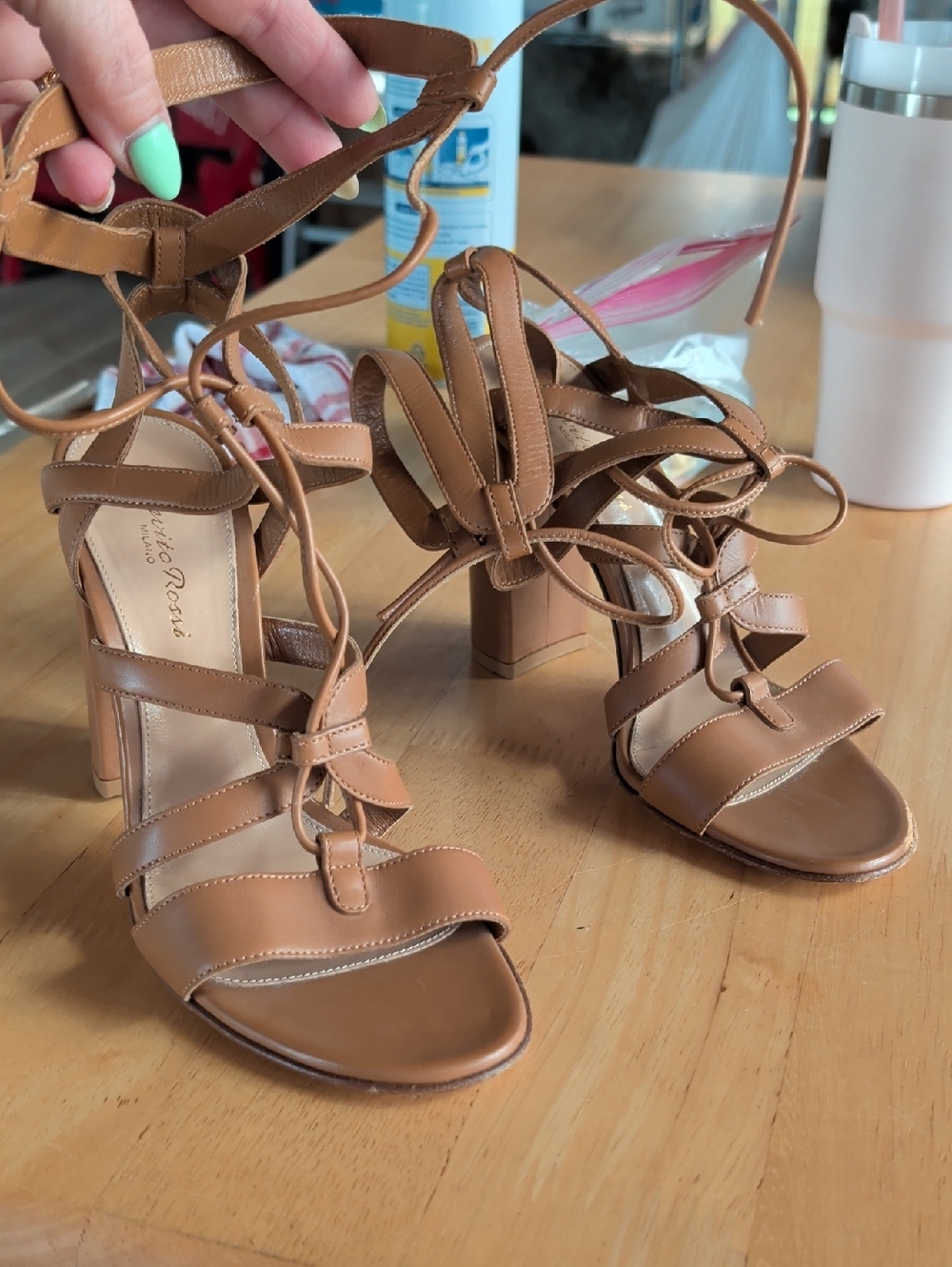 Gianvito Rossi Tan Leather Lace-Up Block Heel Sandals Size 6.5